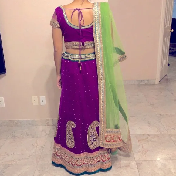Purple and green velvet Indian Lehenga - Picture 2 of 2
